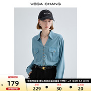 vegachang牛仔衬衫女2024年春季复古港风水洗气质长袖衬衣
