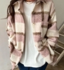 韩版秋冬宽松卷毛粉色格子羊羔毛衬衫设计感长袖原宿风外套女衬衣