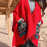 民族风开叉披肩女秋冬季尼泊尔西藏旅游拍照保暖围巾斗篷加厚披风