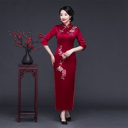 2023中国风长袖旗袍中老年妈妈喜婆婆婚宴晚礼服装走秀连衣裙