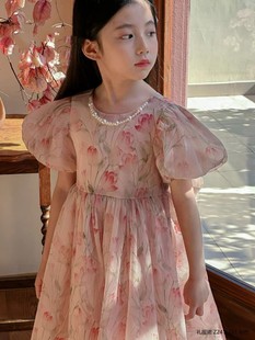 女童2024夏季韩版洋气中大童花朵礼服裙公主裙雪纺连衣裙裙子