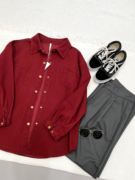 车厘子红色衬衫女休闲宽松中长款长袖纯棉厚款衬衣，韩国复古薄外套