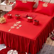 结婚婚庆红色床笠床裙单件中式喜庆新房床单床罩枕套三件套婚嫁款