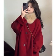 法式赫本风红色呢子大衣感超好看毛呢外套大毛领女2024年