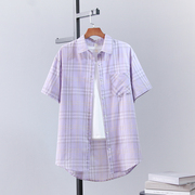 紫色短袖格子衬衫女2023夏季韩版宽松中长款小清新很仙的外套