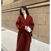 zhuyiyi新年红色宽松双面羊绒，大衣女秋冬季高端宽松毛呢外套结婚