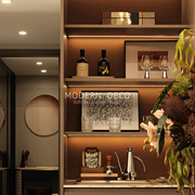 modern现代轻奢样板间置物架柜子，红酒杯洋酒装饰画咖啡组合摆件