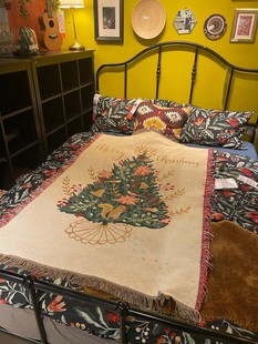 Merry Christmas圣诞节金线装饰松鼠松树90*150毯子挂毯沙发毯