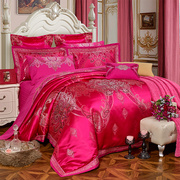 欧式婚庆全棉贡缎提花床单床C盖四件套红色结婚床上用品多件