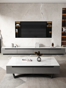 轻奢意式极简大理石岩板伸缩茶几电视柜组合简约现代黑白灰色客厅