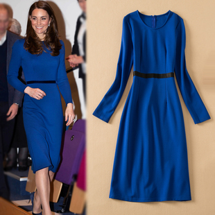 欧洲站春秋季时尚职业裙，凯特王妃同款高端女装气质修身蓝色连衣裙