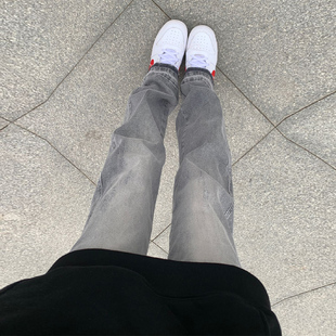 烟灰色牛仔裤男美式高街cleanfit裤子水洗做旧高个子(高个子)显腿长直筒裤