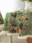 复古浪漫餐桌布艺茶几布圆形(布，圆形)提花，桌布田园油画感绿色装饰盖布