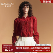卡米兰新年系列新中式，复古小立领衬衫女2024春季红色衬衣上衣