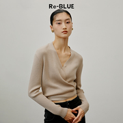 re-blue轻奢优雅女装v领交叠绑带独特优雅针织衫