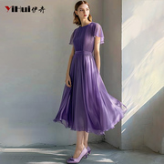 设计感紫色连衣裙女气质收腰荷叶边短袖飘逸雪纺裙子2024夏季
