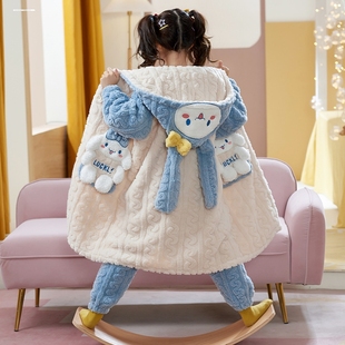 儿童浴袍珊瑚绒睡袍秋冬季双层加厚款女童孩宝宝睡衣家居服