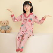 女童睡衣春秋纯棉长袖薄款翻领，草莓熊卡通(熊卡通)可爱大童套装空调家居服