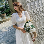 韩国东大门白色棉布刺绣连衣裙夏短袖法式修身气质中长裙