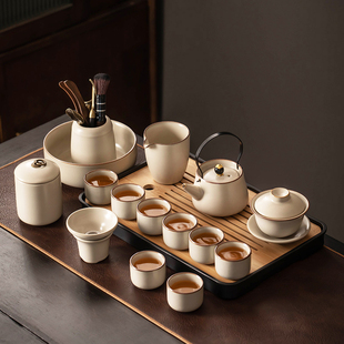 米黄汝窑功夫茶具套装，家用陶瓷茶壶盖碗茶杯茶盘，轻奢高档喝茶中式