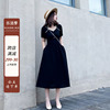 黑色方领连衣裙长款女夏季2024年法式风，雪纺收腰显瘦气质长裙