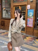 绒面衬衫长袖套头纯色气质高级感不规则韩版上衣女 A#19