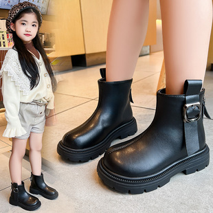 女童马丁靴冬季款2023年防水小女孩真皮洋气黑色儿童短靴男童
