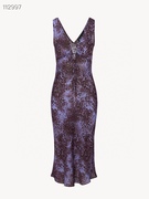 树82 小众设计复古紫色豹纹桑蚕丝V领无袖真丝性感吊带连衣裙