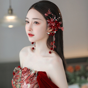 新娘礼服头饰韩式超仙美酒，红色花朵耳挂森系甜美头花敬酒服配饰品