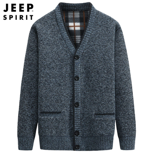 jeep中老年毛衣男冬季加绒保暖开衫，上衣男士中年爸爸装针织衫外套