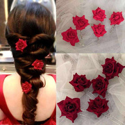 优雅韩式新娘盘发饰，品红色头花复古夹子发夹，边夹发卡花朵头饰配饰