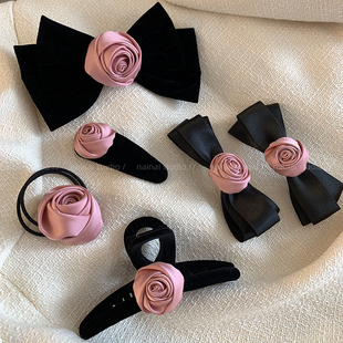 粉色玫瑰花发夹~高品质花朵!小香风复古法式蝴蝶结抓夹发绳发饰