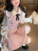 甜美粉色蕾丝小香风连衣学生短裙子小个子显瘦长袖衬衫女装两件套