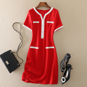 红色裙子女2024春夏气质，名嫒v领钉珠，成熟御姐端庄大气连衣裙