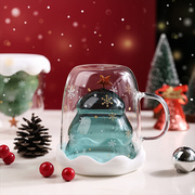创意圣诞礼物高颜值杯子双层玻璃杯家用牛奶杯带盖水杯女可爱精致