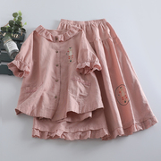 夏季森系棉麻绣花短袖半身裙套装女宽松纯色减龄花边半袖衬衫