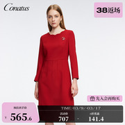 CONATUS/珂尼蒂思红色花边圆领连衣裙冬季长袖优雅中长款裙