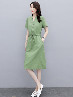 绿色棉麻连衣裙女2023年韩版修身显瘦气质百搭民族风亚麻裙子
