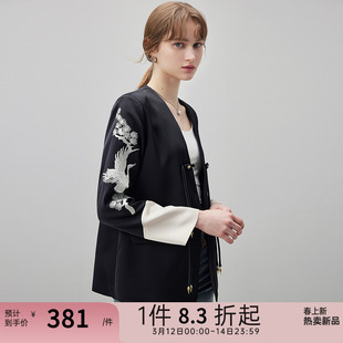 dfvc春黑色中式国风刺绣短款西装外套2024女宽松拼接v领上衣