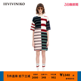IIIVIVINIKO春夏拼色条纹直筒松身针织连衣裙女M311105616A