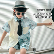 团子麻麻男童夏装套装新中式拼接衬衫短袖短裤儿童国风两件套童装