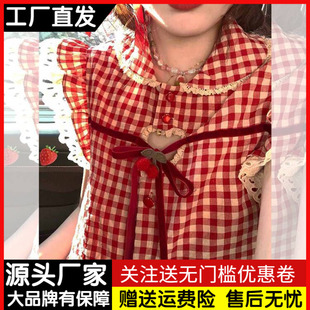 甜美娃娃领格子衬衫，女夏法式设计感小众，无袖背心花边系带别致上衣