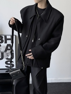 暗黑假两件垫肩翻领夹克，2023秋男女设计感解构长袖时髦上衣外套潮