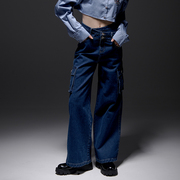 DevilBeauty蓝色双腰头立体大口袋阔腿长裤修身遮肉牛仔裤