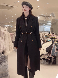 高级感显瘦黑色呢子外套女冬季韩版时尚百搭简约加棉毛呢大衣长款