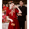敬酒服新娘旗袍酒红色，小个子订婚礼服裙，中式结婚便装蕾丝回门夏季