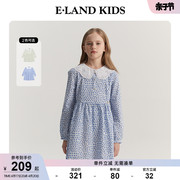 elandkids衣恋童装春季女童复古花边，大翻领碎花长袖公主连衣裙