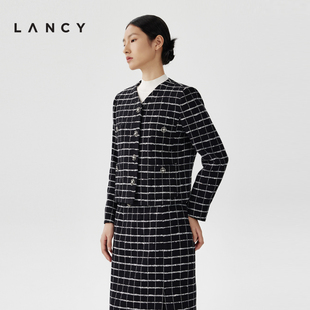 LANCY/朗姿2024春季黑白格子修身小香风套装女高级感短款外套