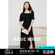 Basic House/百家好泡泡袖开叉连衣裙夏季设计感收腰短袖小黑裙子