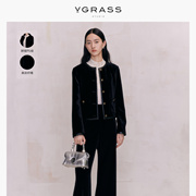 VGRASS经典黑色复古丝绒小香风短款外套女春季时髦拼接PU皮